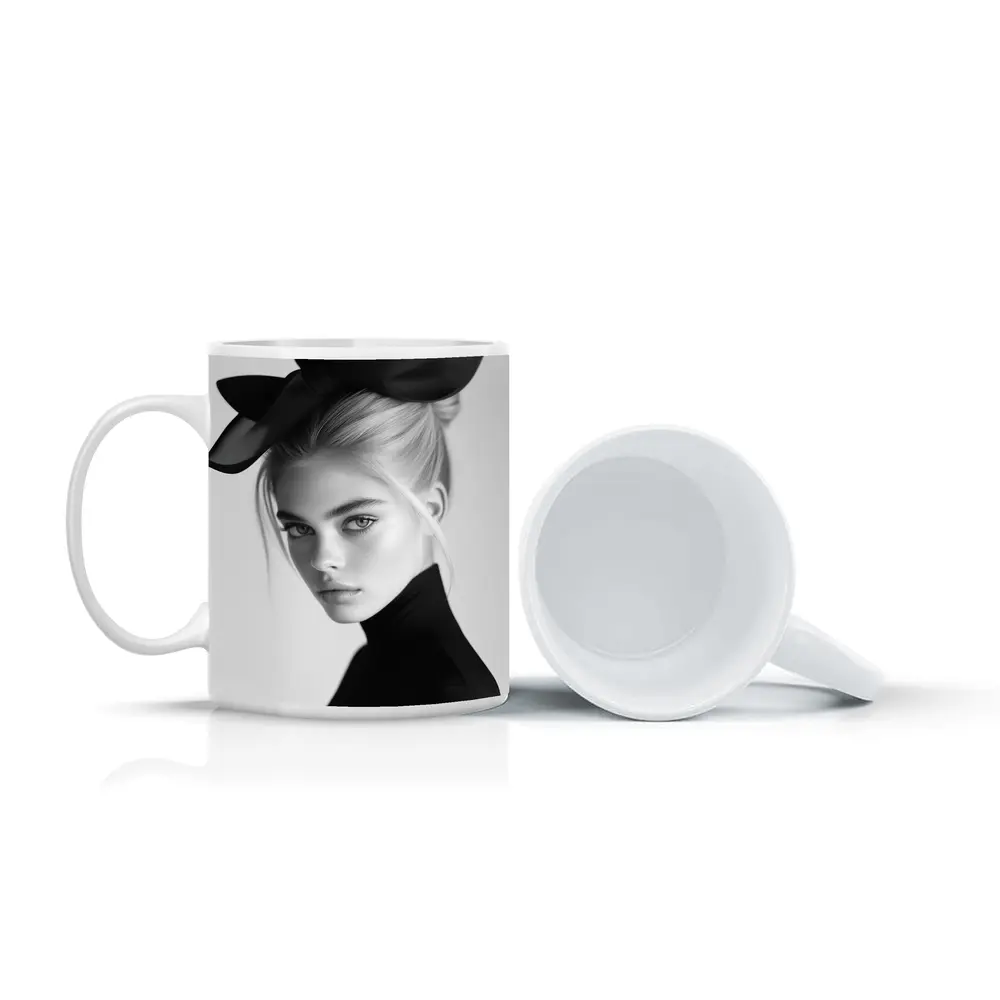 Black and White Fashion Portrait Woman Hat – Mugs