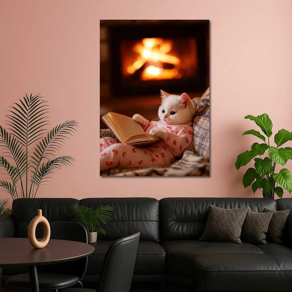 White Kitten Reading Book By Fireplace – Wall Art