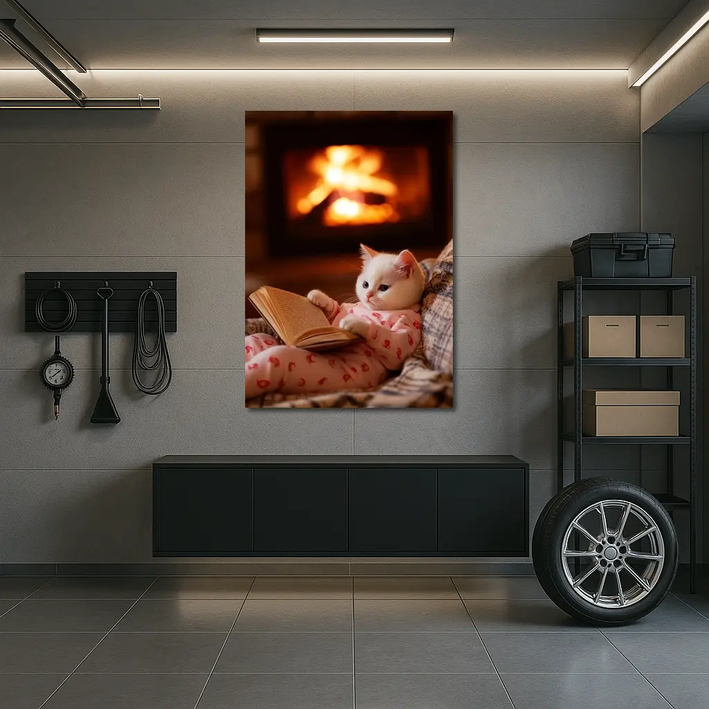 White Kitten Reading Book By Fireplace – Wall Art