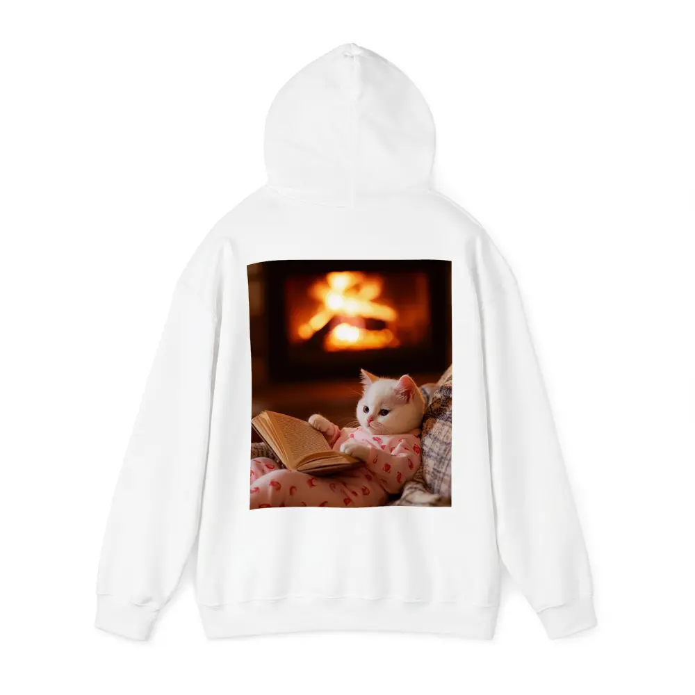 White Kitten Reading Book By Fireplace – Hoodies