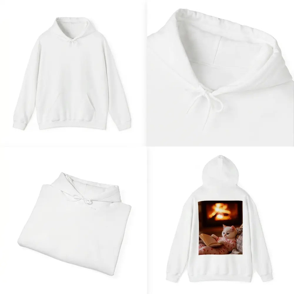 White Kitten Reading Book By Fireplace – Hoodies