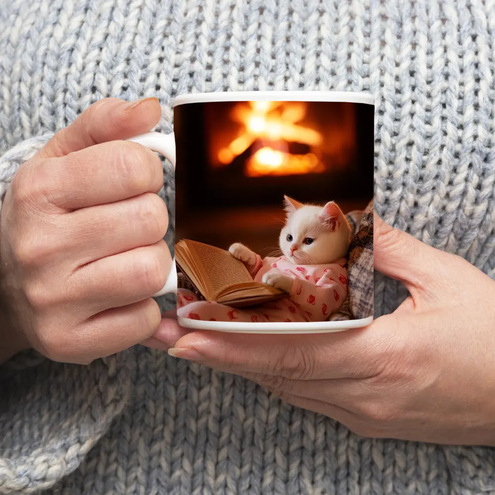 White Kitten Reading Book By Fireplace – Mugs