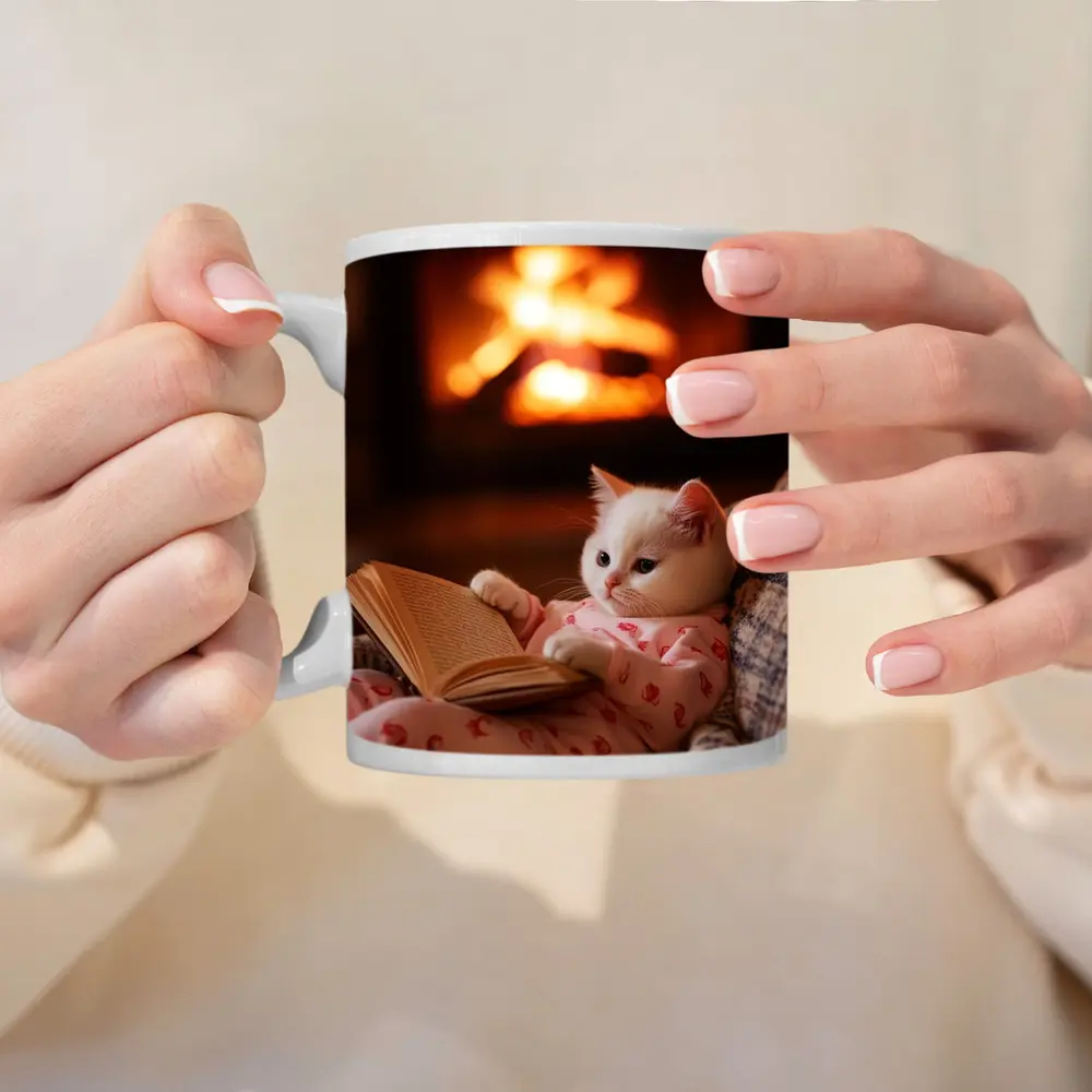 White Kitten Reading Book By Fireplace – Mugs