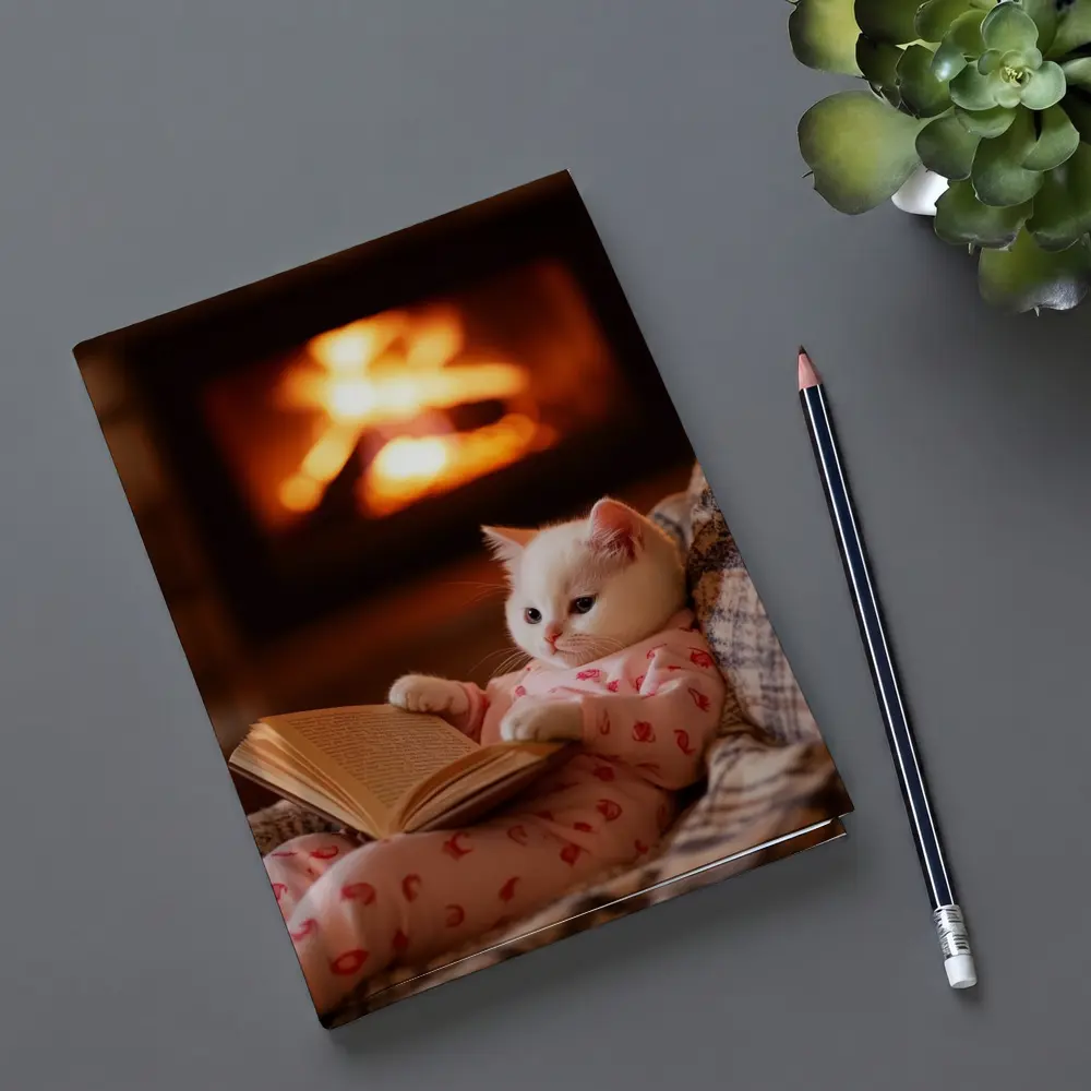White Kitten Reading Book By Fireplace – Notebooks