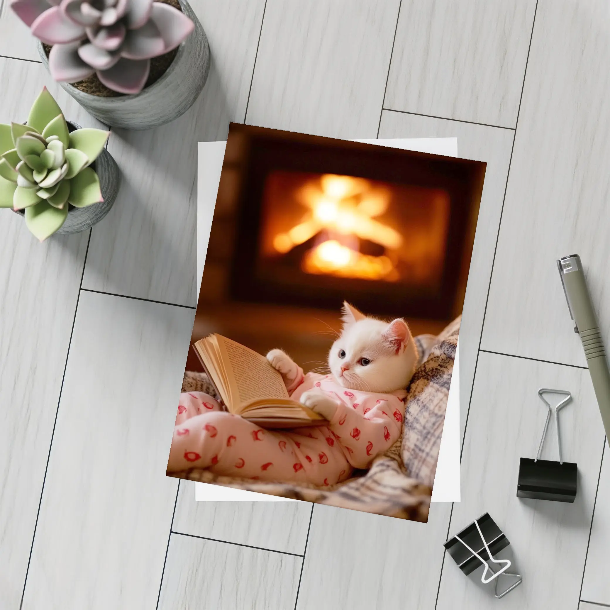 White Kitten Reading Book By Fireplace – Postcards
