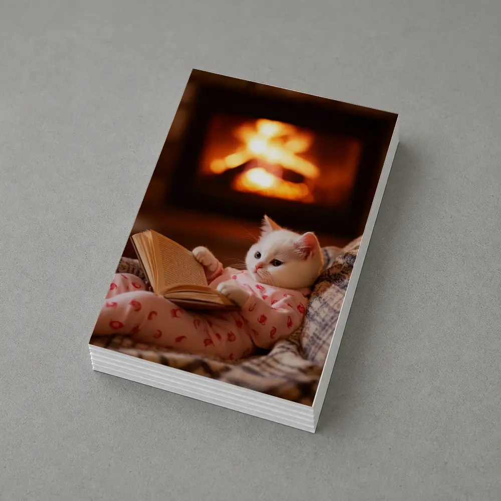 White Kitten Reading Book By Fireplace – Postcards