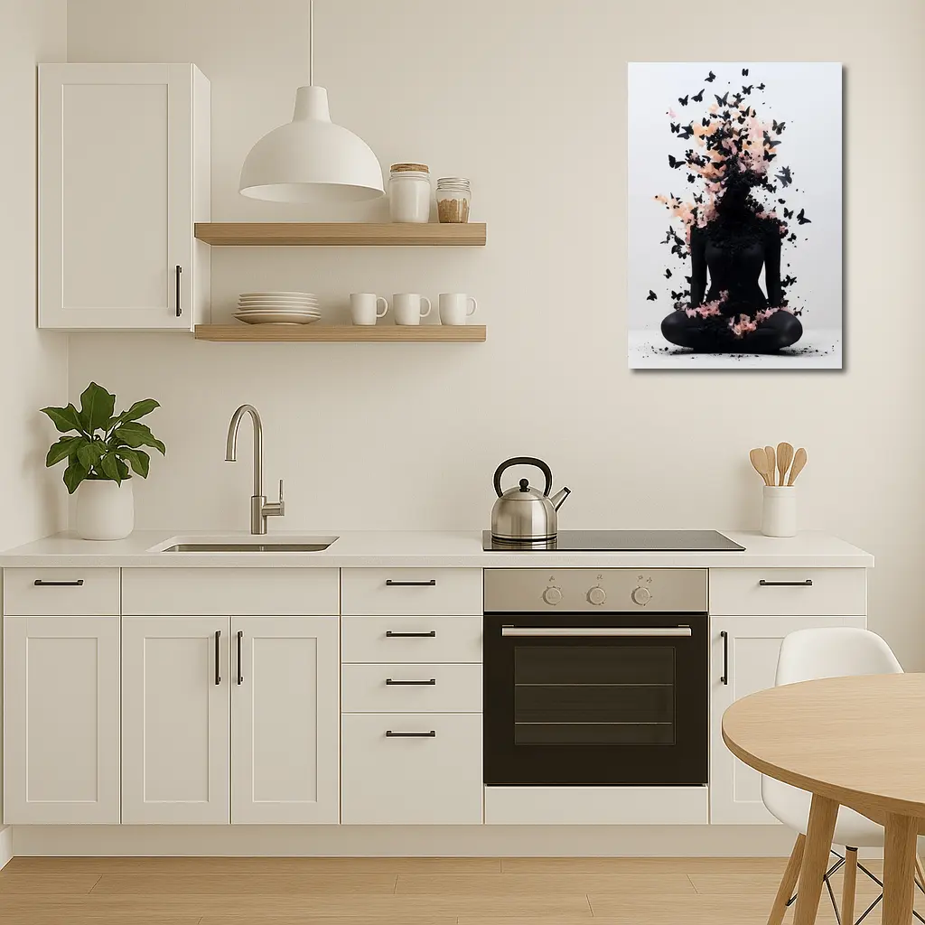 Meditating Figure Dissolving Into Black Pink Butterflies – Wall Art