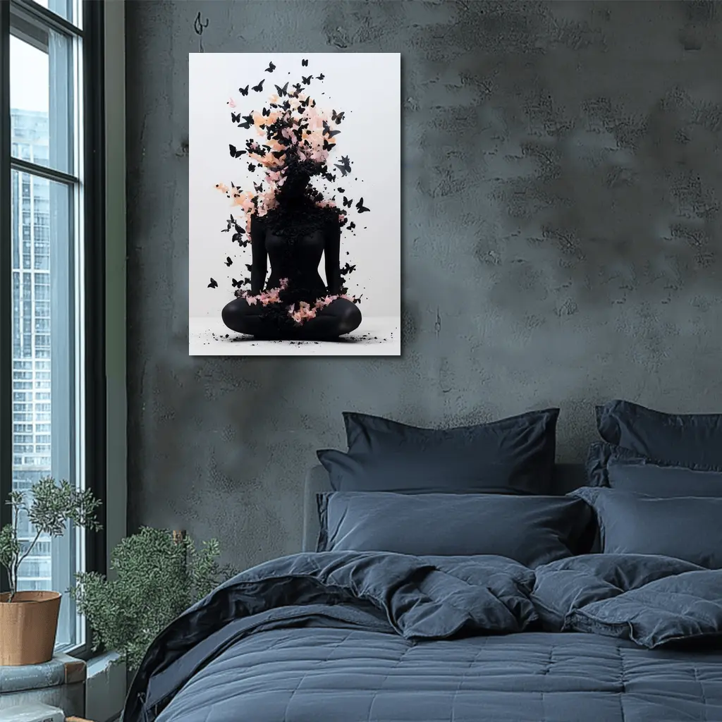 Meditating Figure Dissolving Into Black Pink Butterflies – Wall Art