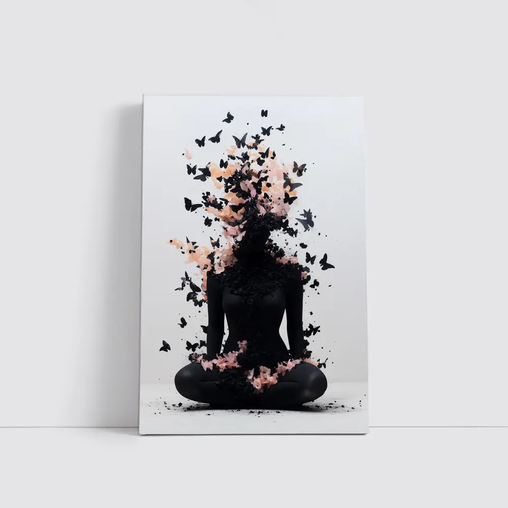 Meditating Figure Dissolving Into Black Pink Butterflies – Wall Art
