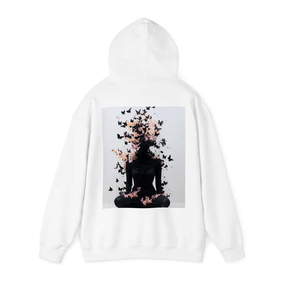Meditating Figure Dissolving Into Black Pink Butterflies – Hoodies