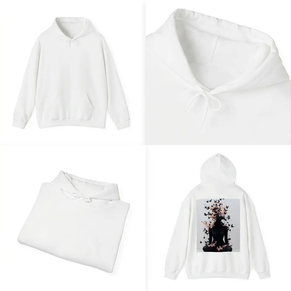 Meditating Figure Dissolving Into Black Pink Butterflies – Hoodies