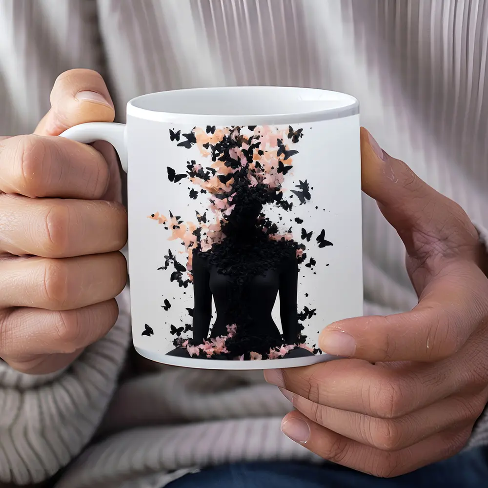 Meditating Figure Dissolving Into Black Pink Butterflies – Mugs