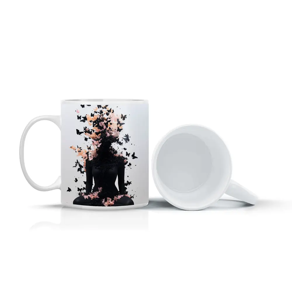 Meditating Figure Dissolving Into Black Pink Butterflies – Mugs