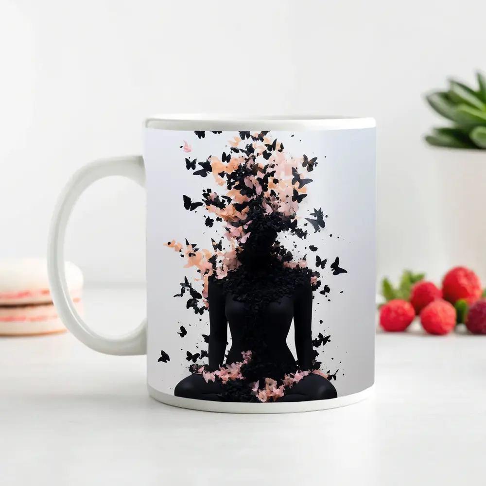 Meditating Figure Dissolving Into Black Pink Butterflies – Mugs