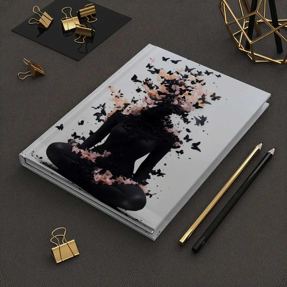 Meditating Figure Dissolving Into Black Pink Butterflies – Notebooks