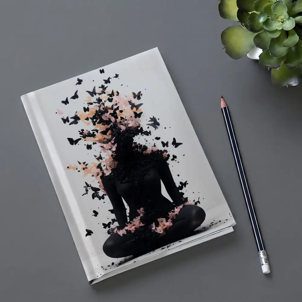 Meditating Figure Dissolving Into Black Pink Butterflies – Notebooks