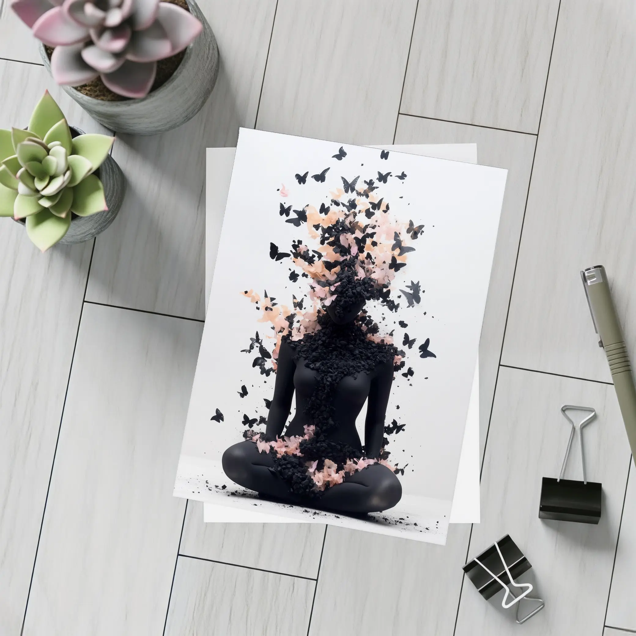 Meditating Figure Dissolving Into Black Pink Butterflies – Postcards