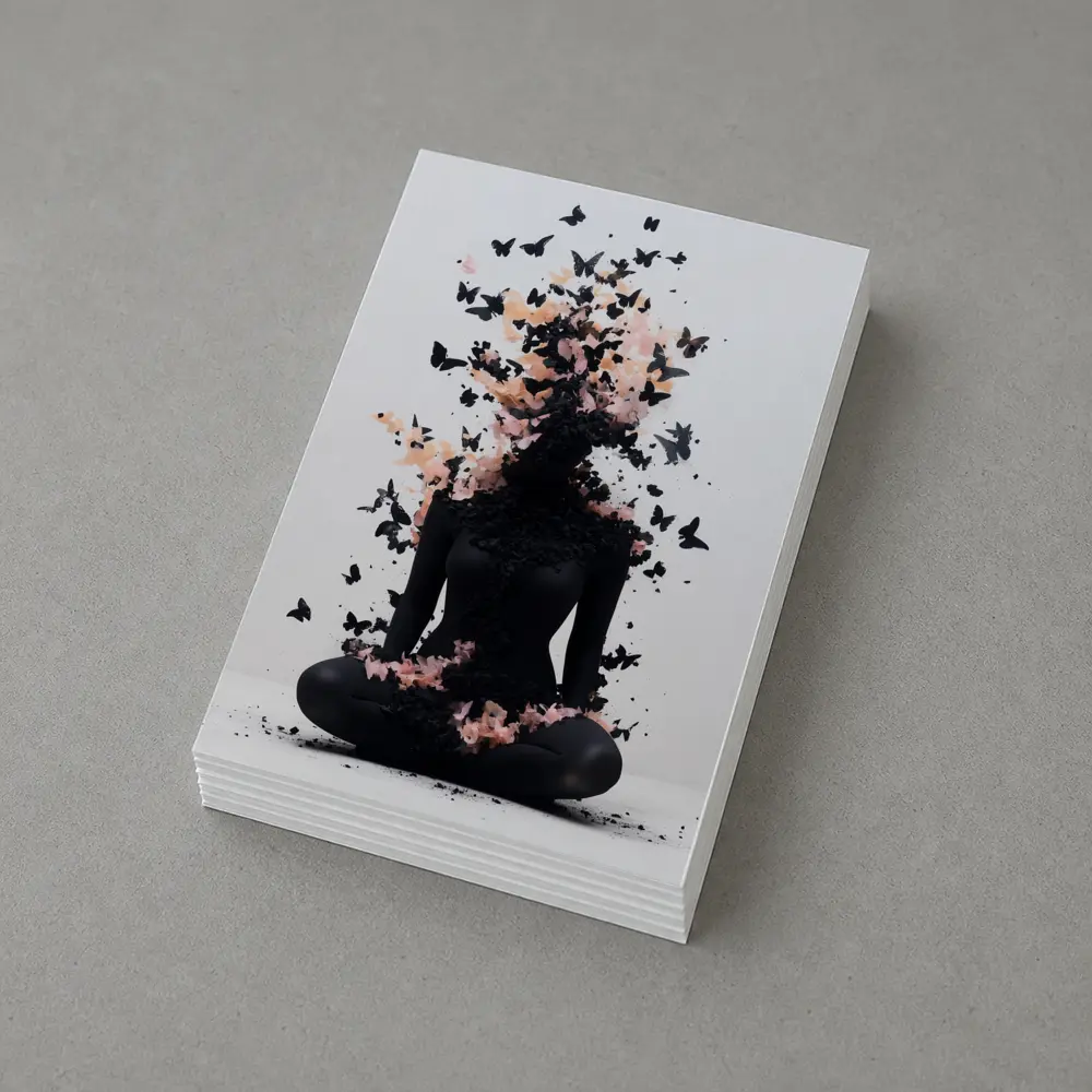Meditating Figure Dissolving Into Black Pink Butterflies – Postcards