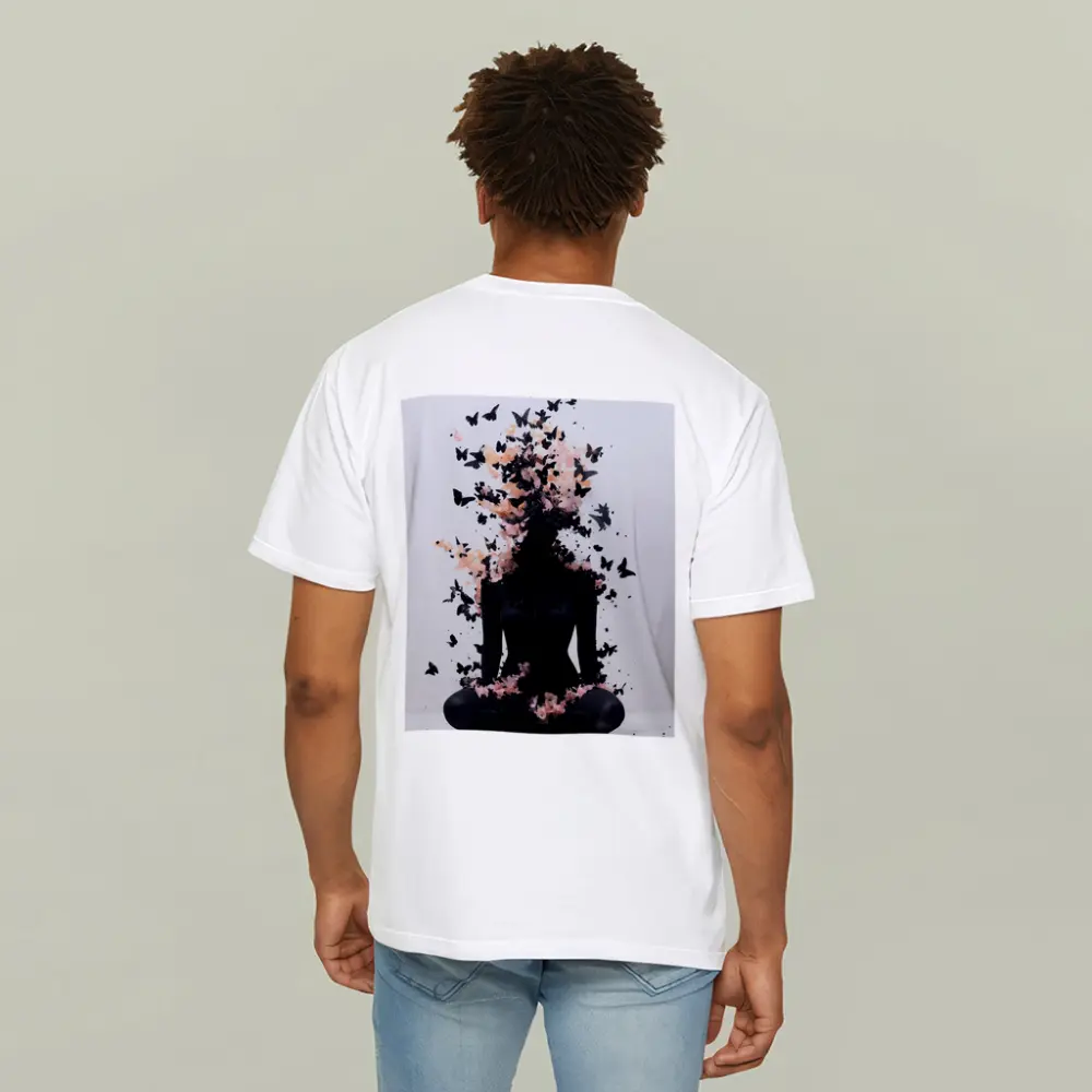 Meditating Figure Dissolving Into Black Pink Butterflies – T-Shirts