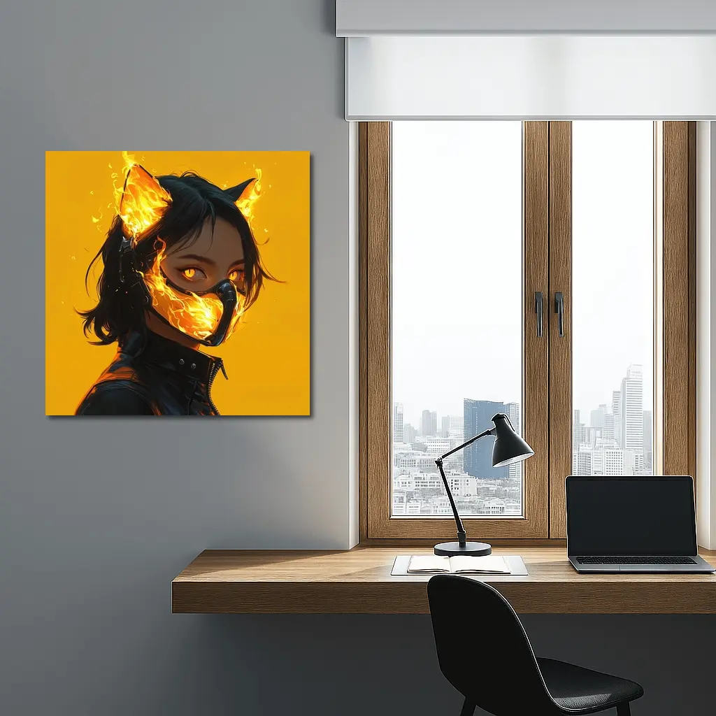 Anime Cat Girl Fire Mask Yellow Background – Wall Art