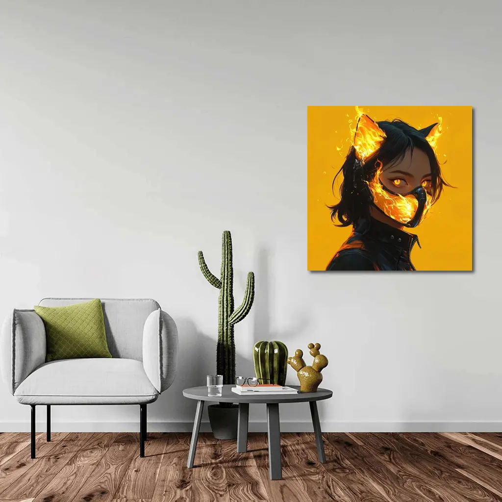Anime Cat Girl Fire Mask Yellow Background – Wall Art