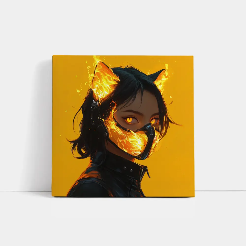 Anime Cat Girl Fire Mask Yellow Background – Wall Art
