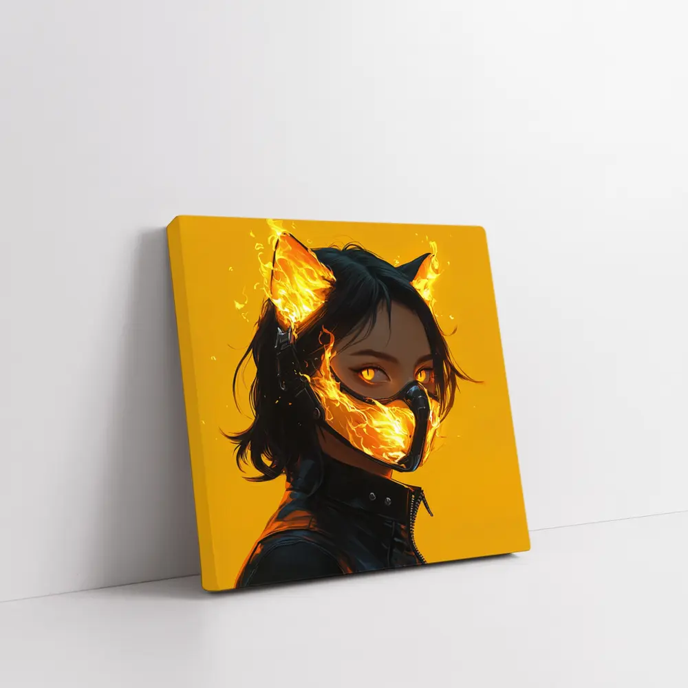 Anime Cat Girl Fire Mask Yellow Background – Wall Art