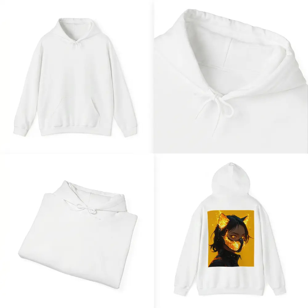 Anime Cat Girl Fire Mask Yellow Background – Hoodies