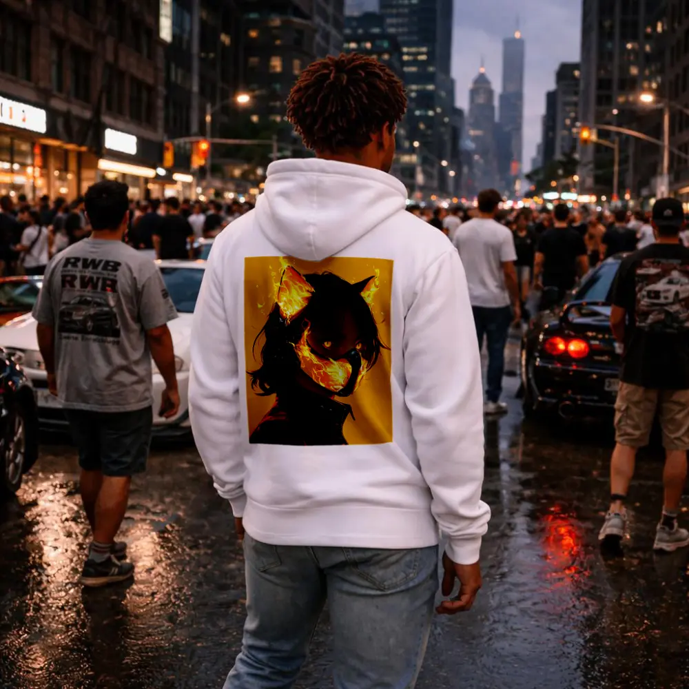 Anime Cat Girl Fire Mask Yellow Background – Hoodies