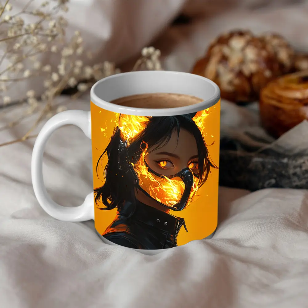 Anime Cat Girl Fire Mask Yellow Background – Mugs
