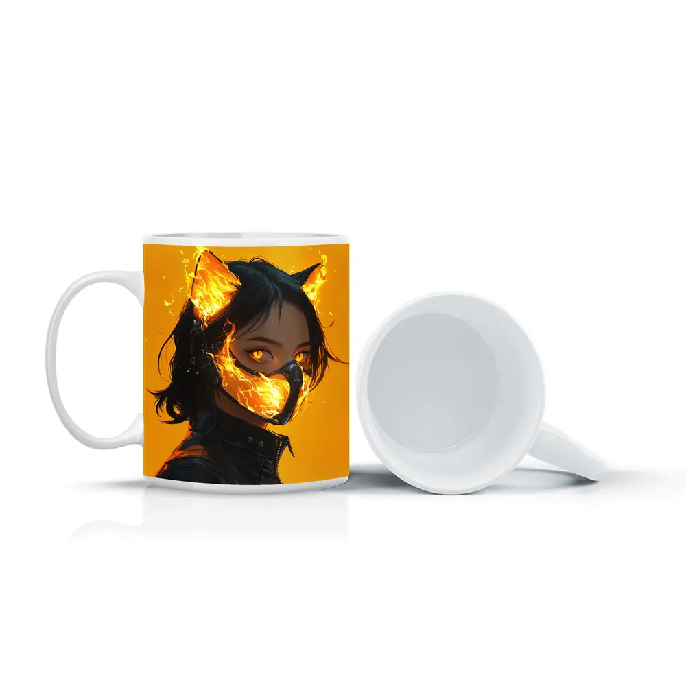 Anime Cat Girl Fire Mask Yellow Background – Mugs