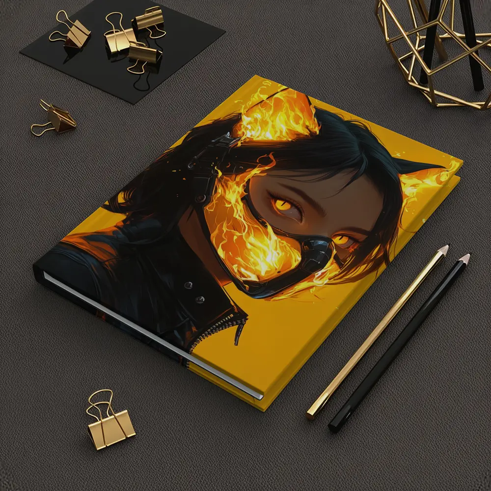 Anime Cat Girl Fire Mask Yellow Background – Notebooks