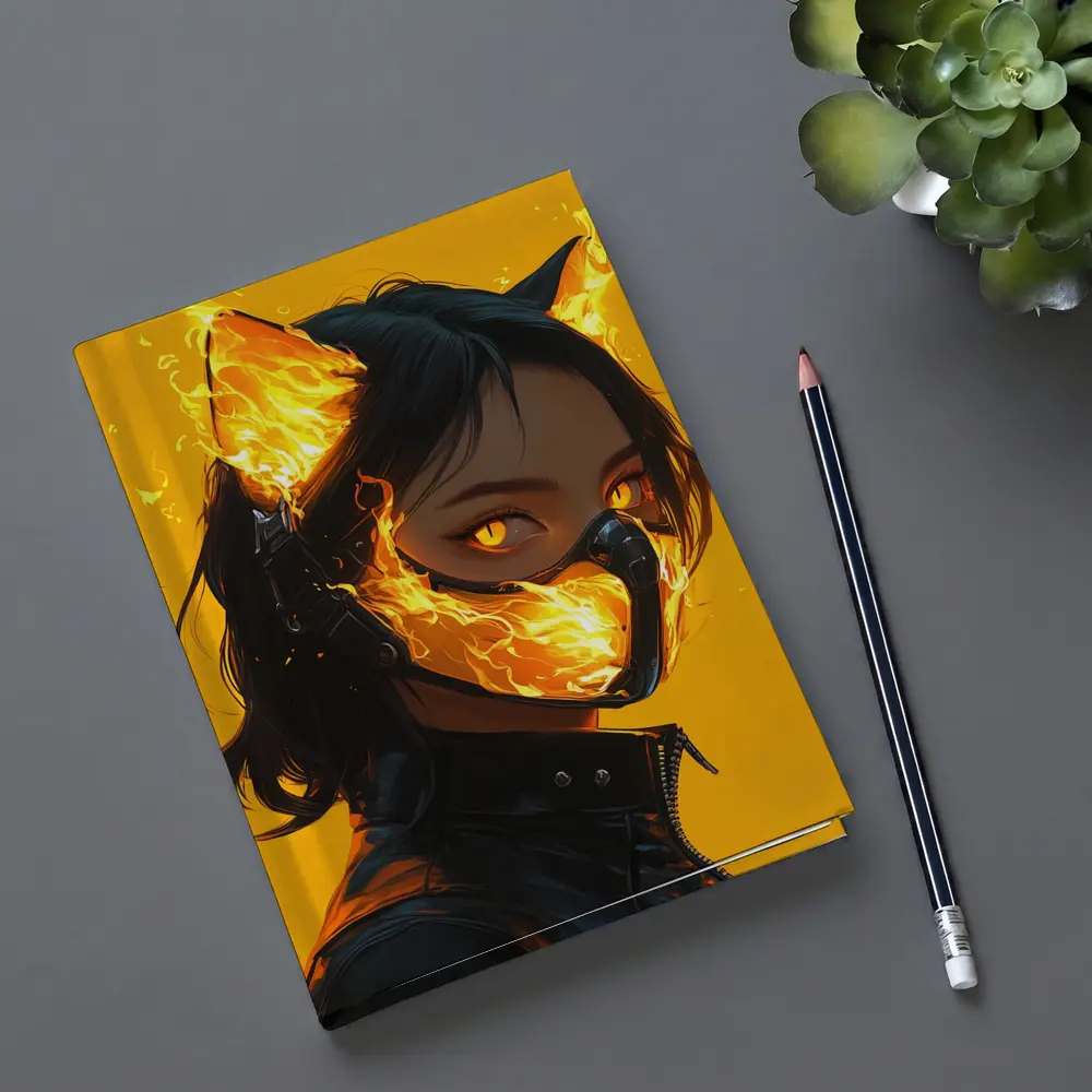 Anime Cat Girl Fire Mask Yellow Background – Notebooks
