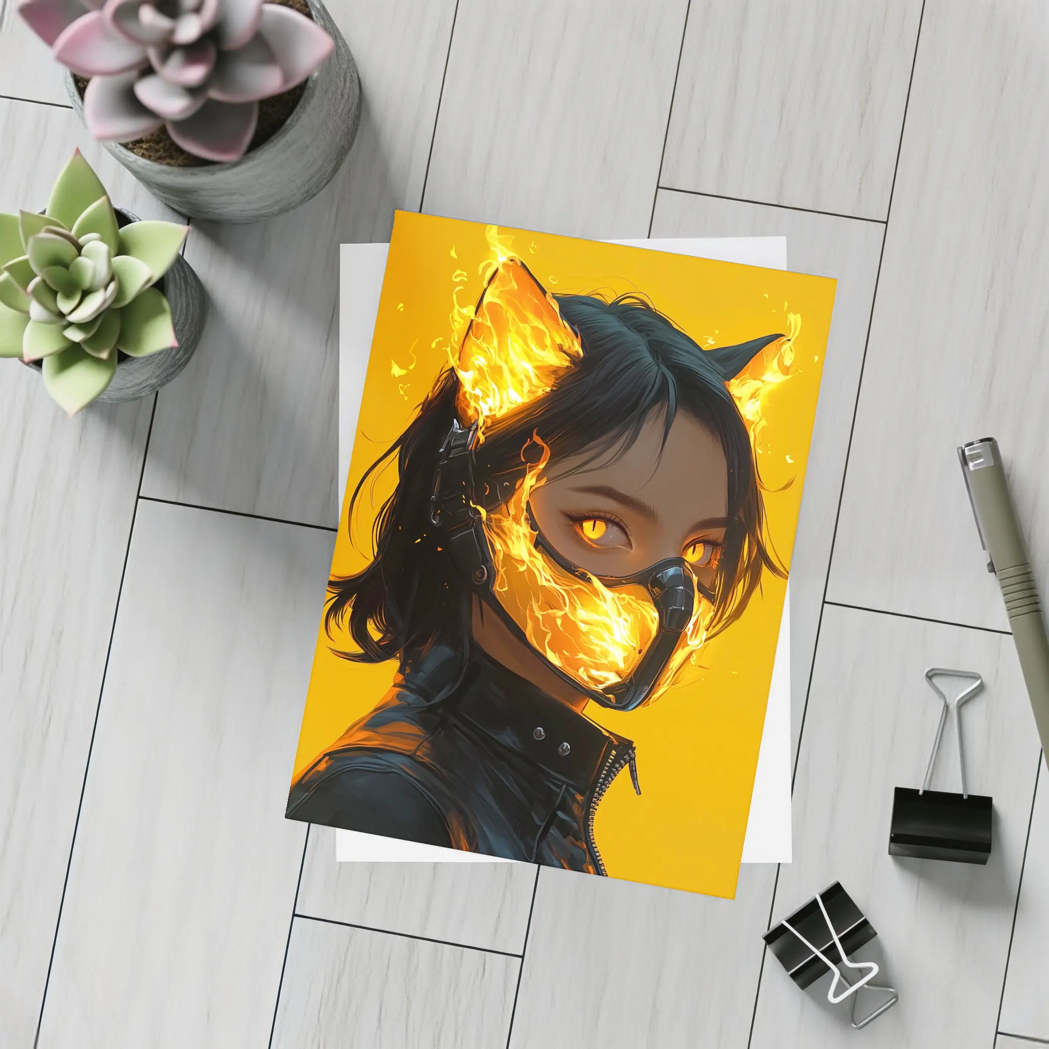 Anime Cat Girl Fire Mask Yellow Background – Postcards