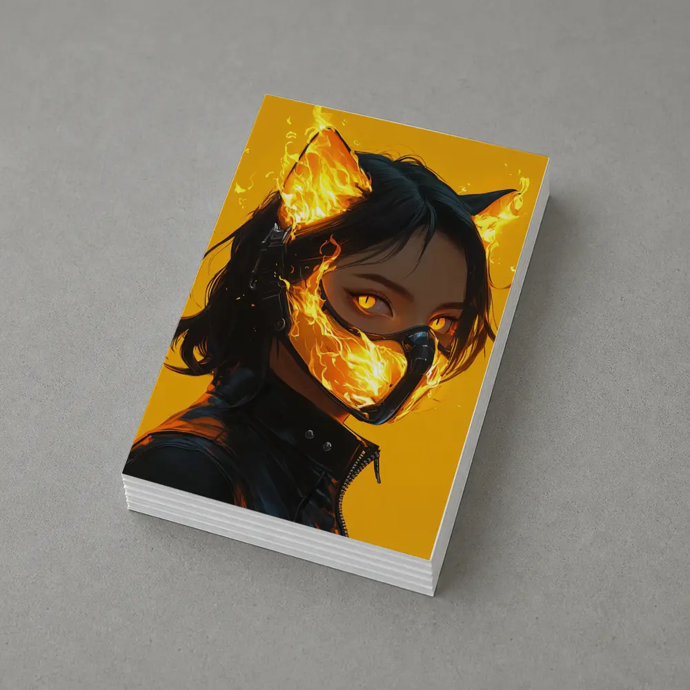 Anime Cat Girl Fire Mask Yellow Background – Postcards