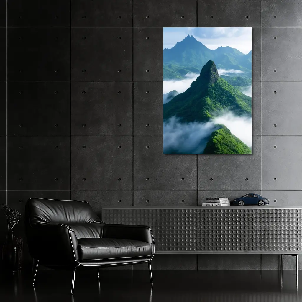 Green Misty Mountain Peaks Blue Sky – Wall Art