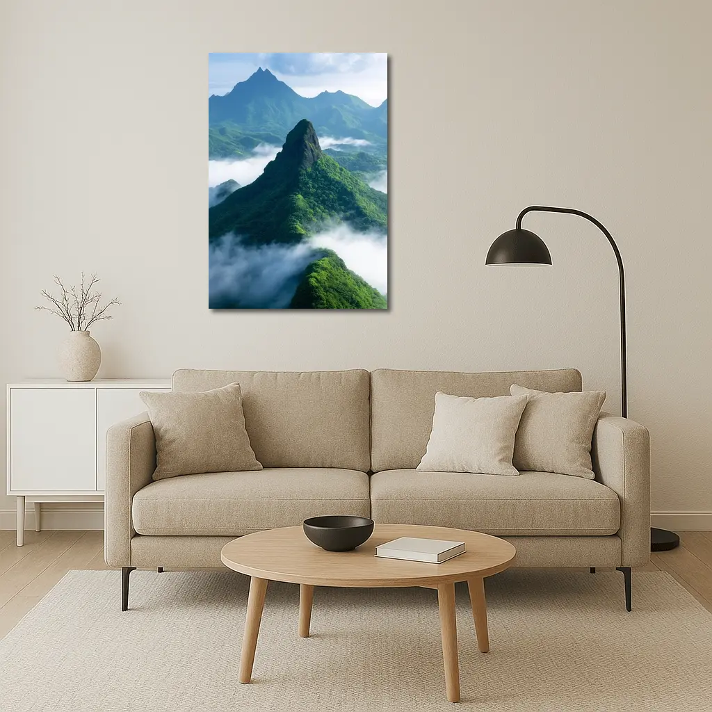 Green Misty Mountain Peaks Blue Sky – Wall Art