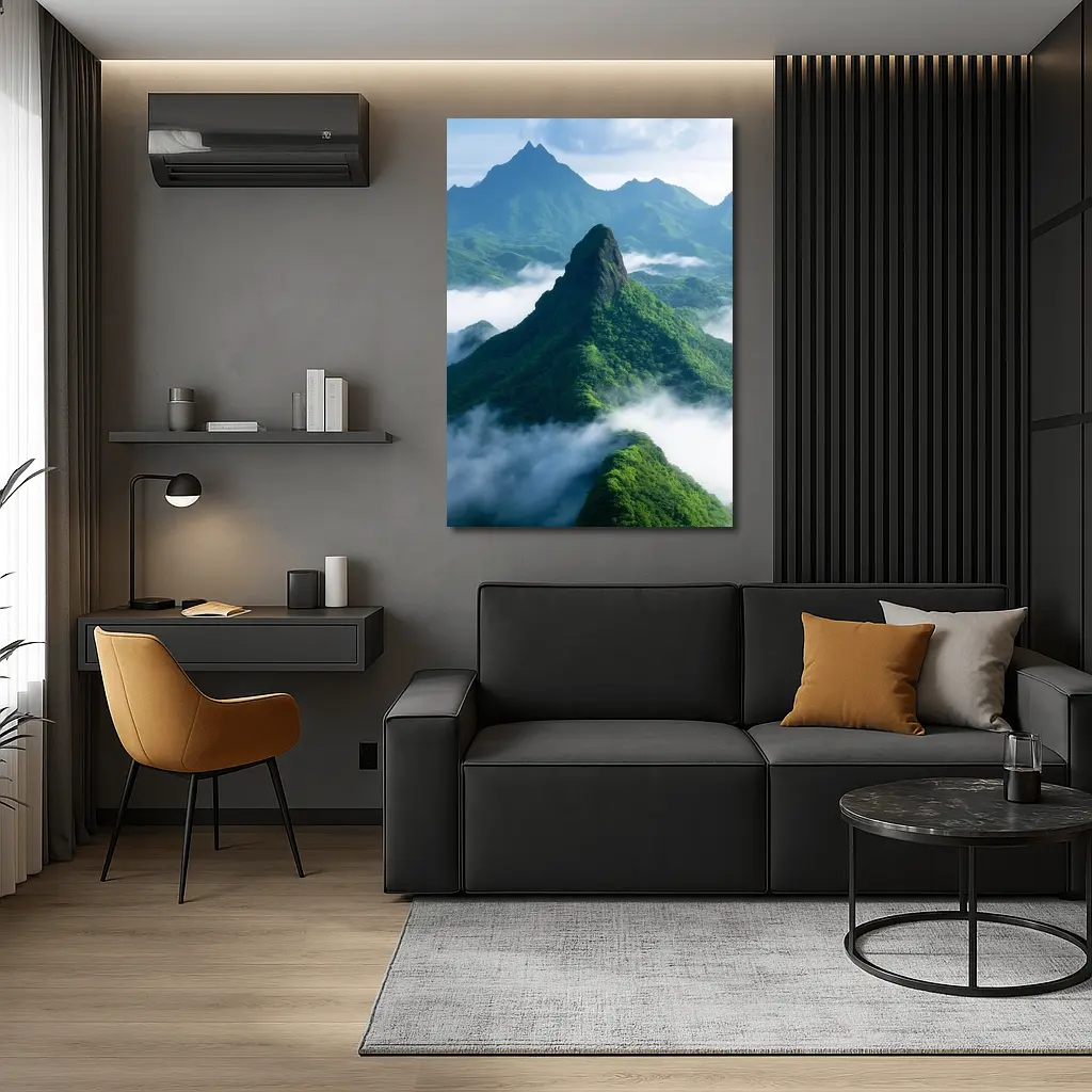Green Misty Mountain Peaks Blue Sky – Wall Art