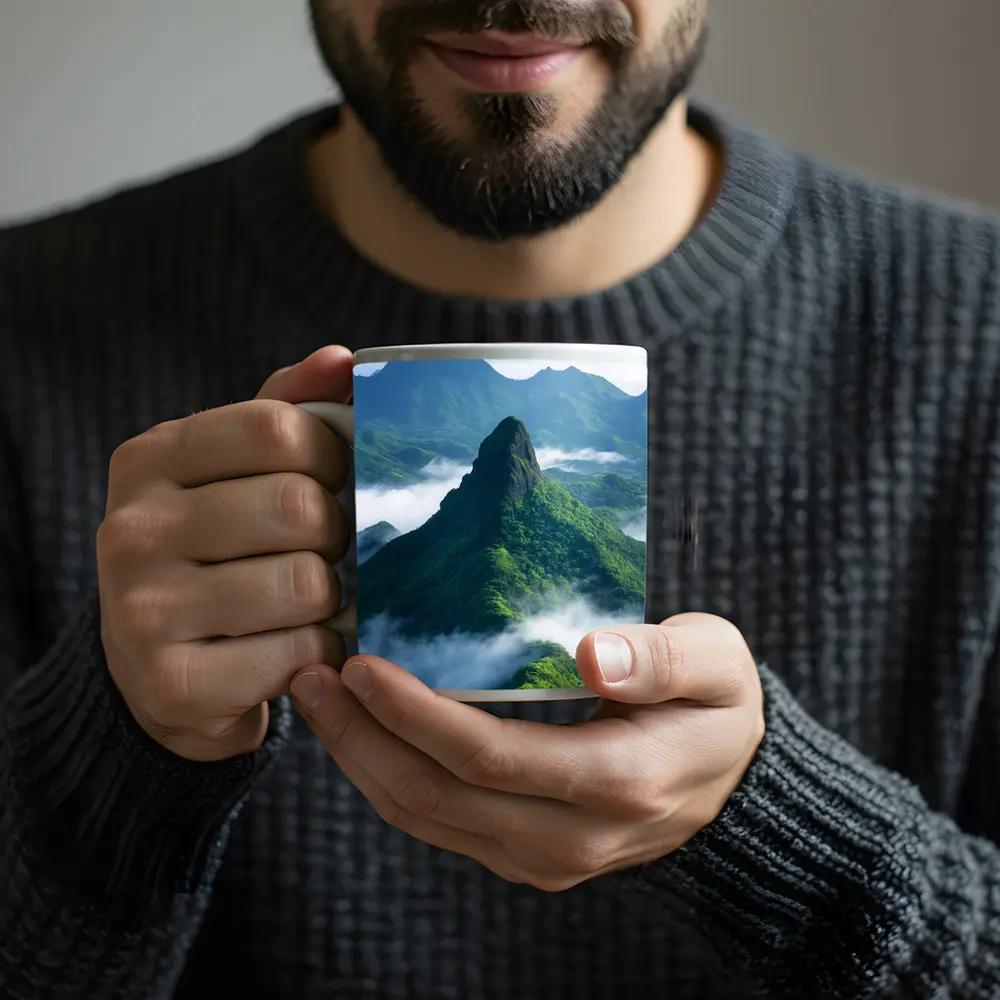 Green Misty Mountain Peaks Blue Sky – Mugs