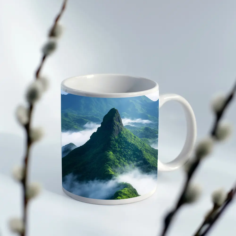 Green Misty Mountain Peaks Blue Sky – Mugs