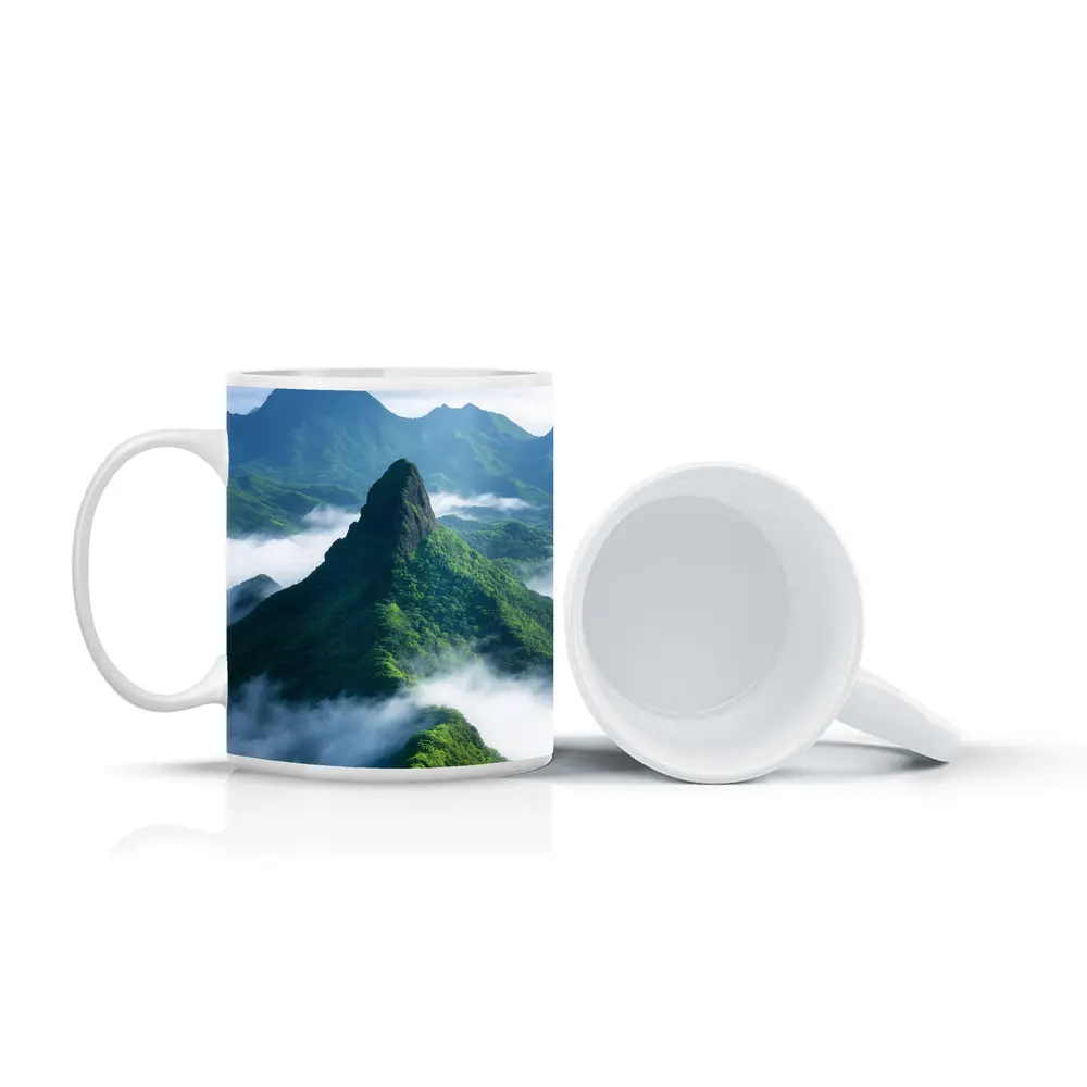 Green Misty Mountain Peaks Blue Sky – Mugs