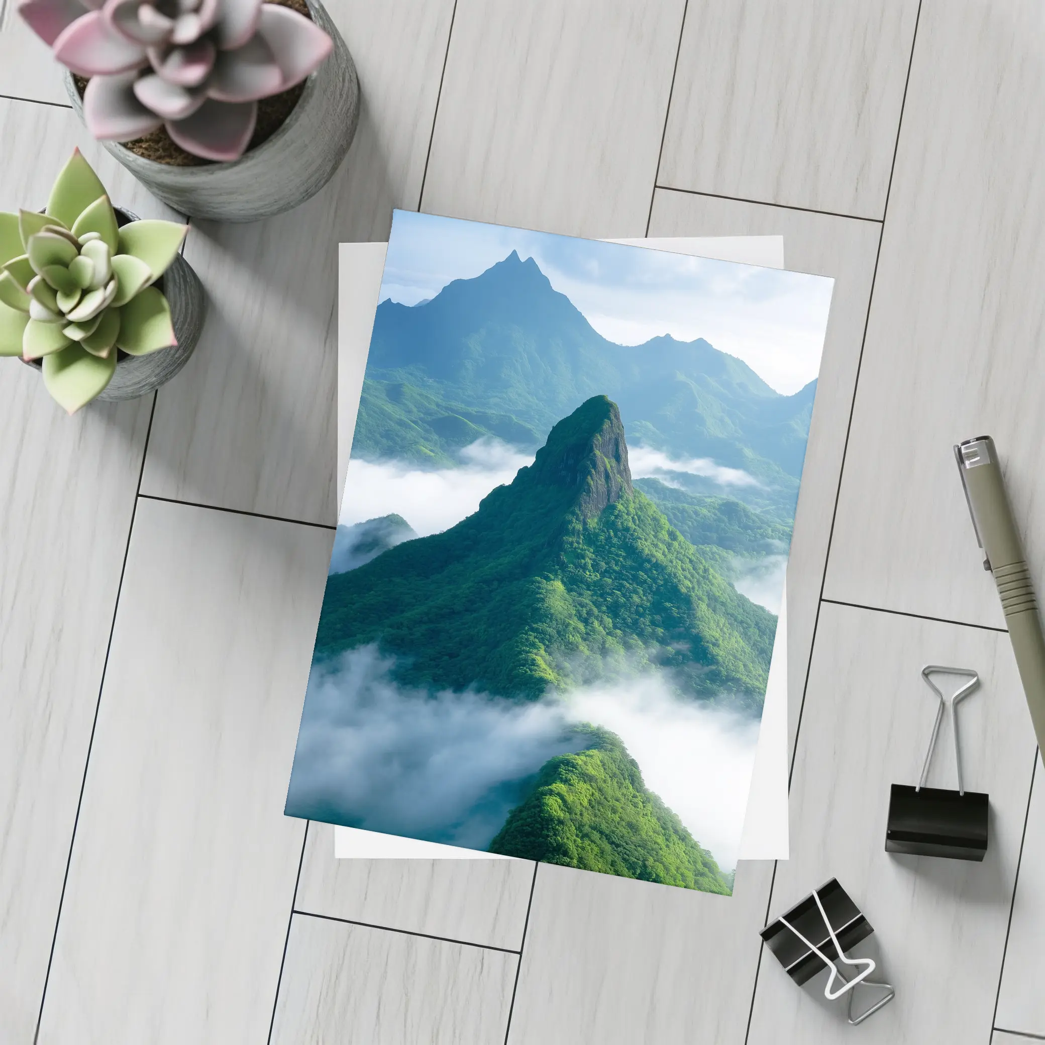 Green Misty Mountain Peaks Blue Sky – Postcards