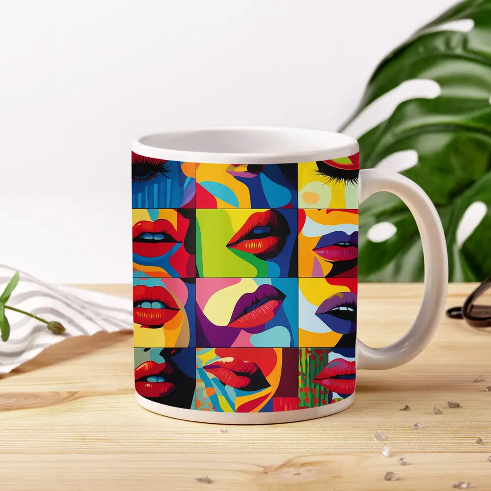 Pop Art Women Lips Bold Colorful Grid – Mugs