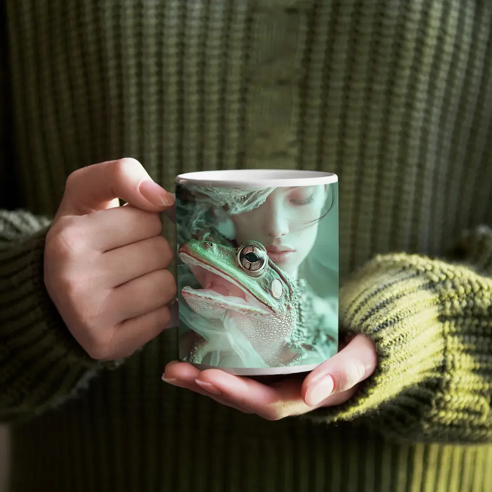 Girl Holding Green Frog Soft Fantasy – Mugs