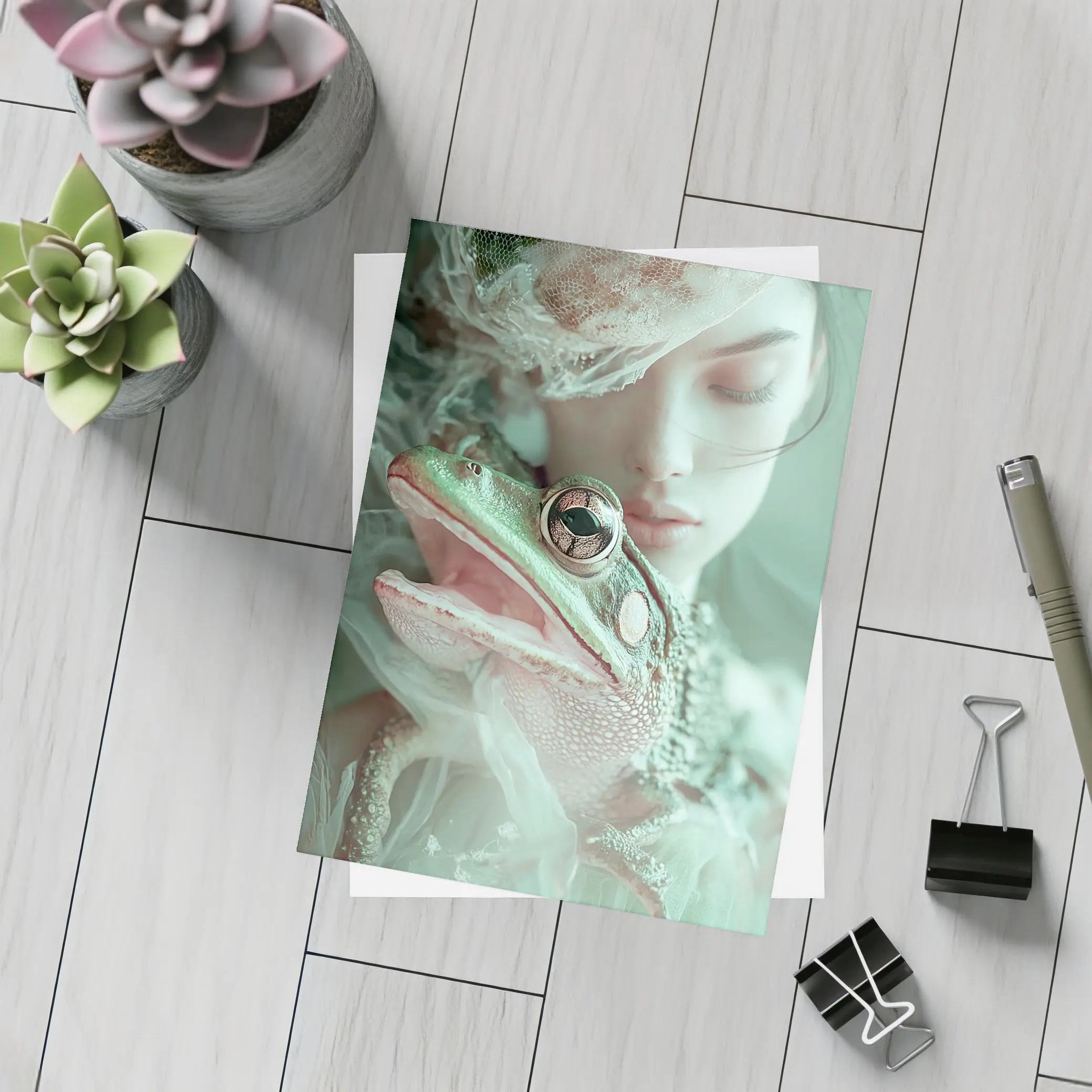 Girl Holding Green Frog Soft Fantasy – Postcards
