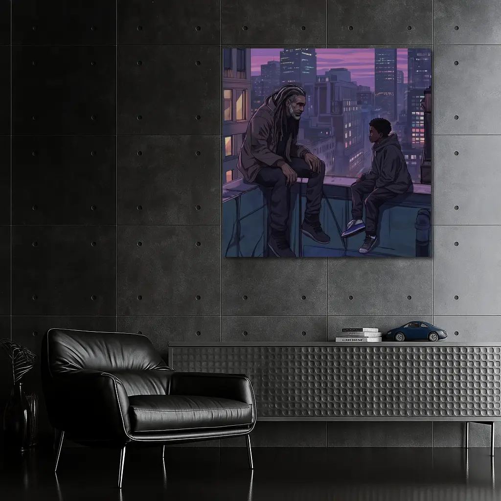 Man and Boy Rooftop City Night Anime – Wall Art
