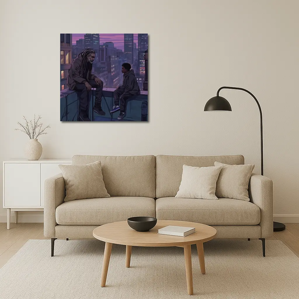 Man and Boy Rooftop City Night Anime – Wall Art