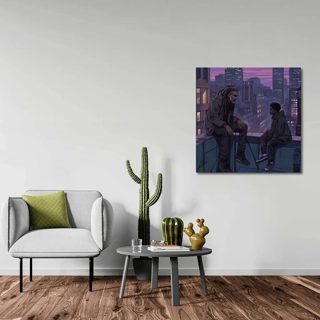 Man and Boy Rooftop City Night Anime – Wall Art