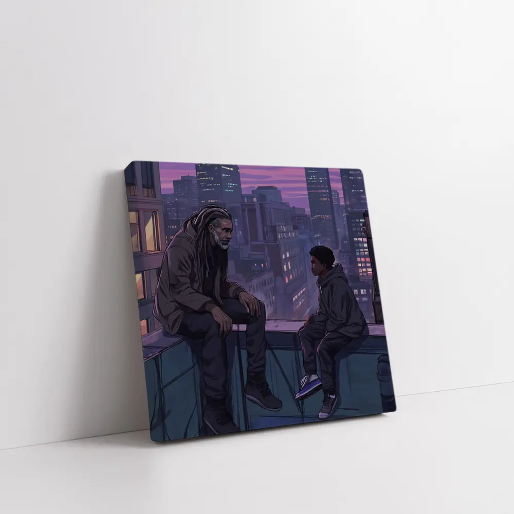 Man and Boy Rooftop City Night Anime – Wall Art