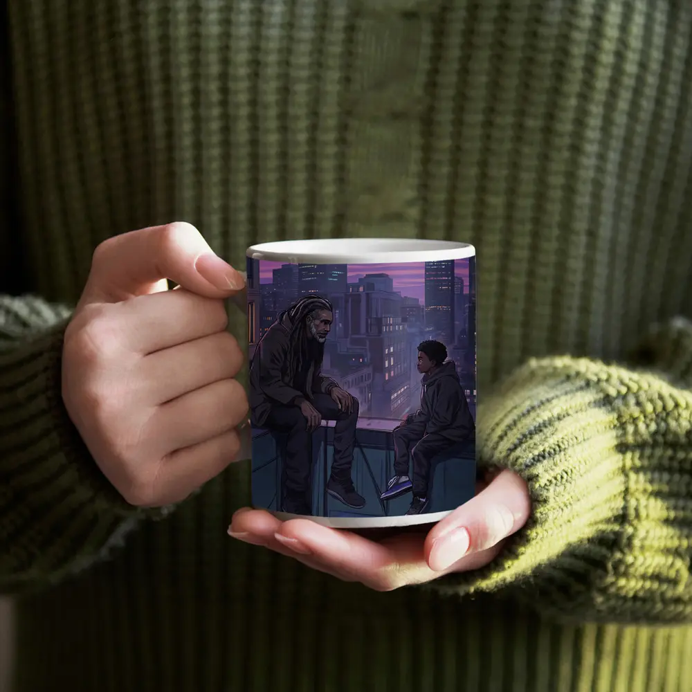Man and Boy Rooftop City Night Anime – Mugs